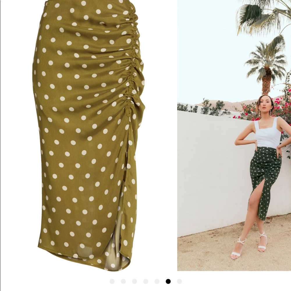 Chriselle lim olive green/cream polka dot skirt